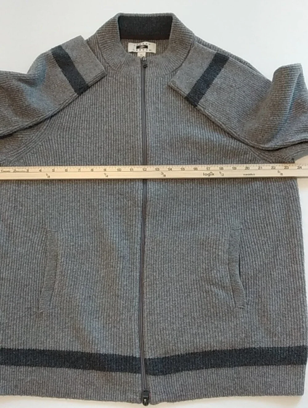 Joseph Abboud Men's Gray XL Zip-Front Ribbed Cardigan, Dark Hem Stripe Old Money